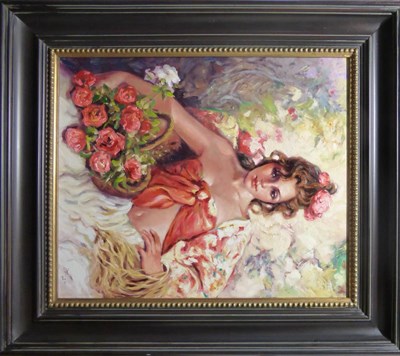 Lot 2193 - Jose L Giner (Contemporary) Spanish Portrait of a Spanish girl holding a basket of roses...