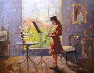 Lot 2197 - William Norman Gaunt FIAL, NDD (1918-2001) Interior scene with a girl in a red dress playing...