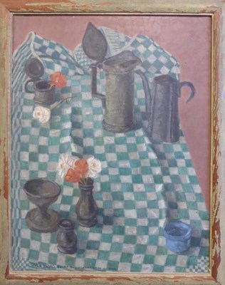 Lot 2199 - Guilio Bagnoli (1927-1928) Italian Still life of pewter on checkered tablecloth  Signed and...