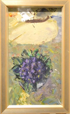 Lot 2203 - Geoffrey Squire (1923-2012) Still life of purple flower in a landscape Signed verso, oil on...