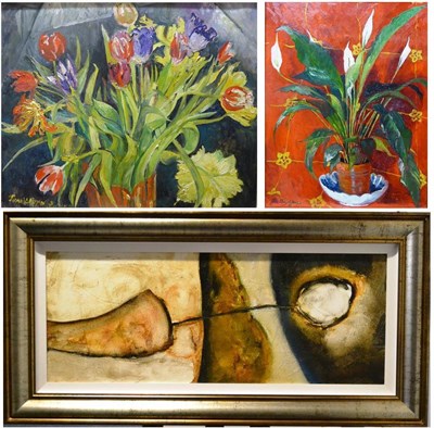 Lot 2205 - June Lloyd Jones (Contemporary) Still life of tulips in an orange vase Signed, acrylic on...