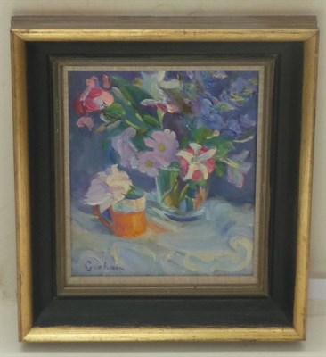 Lot 2206 - Josephine Graham (20th century)  'Still Life with Petunias' Signed, oil on canvas, 24cm by 20cm...