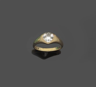 Lot 576 - An Old Pear Cut Diamond Solitaire Ring, the diamond set into a yellow chunky plain polished...