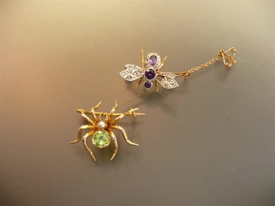 Lot 581 - A 9 Carat Gold Amethyst and Diamond Bug Brooch, a pair of graduated round brilliant cut...