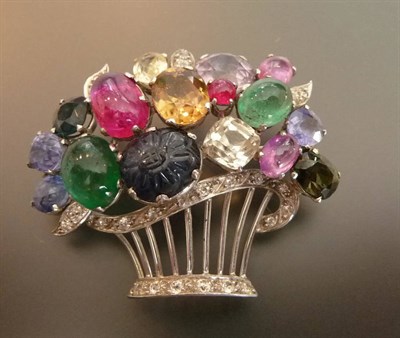 Lot 584 - A Multi Gem Basket Brooch, various gemstones including faceted sapphires, tourmalines, citrine,...