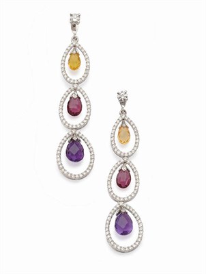 Lot 589 - A Pair of 18 Carat White Gold Diamond and Multi Coloured Sapphire Earrings, round brilliant cut...