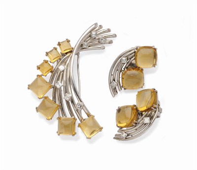 Lot 594 - A Citrine and Diamond Brooch and Earring Set, by Boucheron, the brooch in spray form, the white...