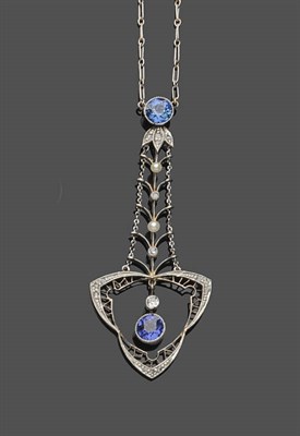 Lot 608 - An Edwardian Sapphire, Diamond and Seed Pearl Necklace, a round cut sapphire suspends a row of seed