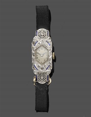 Lot 609 - An Art Deco Lady's Sapphire and Diamond Wristwatch, mechanical lever movement, hexagonal silver...