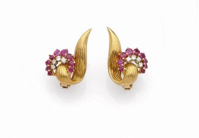 Lot 624 - A Pair of 18 Carat Gold Ruby and Diamond Earrings, by Kutchinsky, a crescent of round brilliant cut