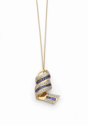 Lot 627 - A Fancy Sapphire and Diamond Pendant on Chain, a twist of three rows each with step cut...