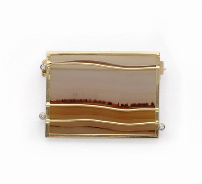 Lot 631 - An 18 Carat Gold Banded Agate and Diamond Set Brooch, the oblong banded landscape agate with...