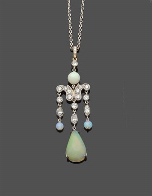 Lot 634 - An Opal and Diamond Chandelier Necklace, a diamond set bale suspends an opal bead over a...