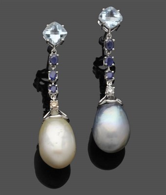 Lot 636 - A Pair of Aquamarine, Sapphire, Diamond and Cultured Tahitian and South Sea Pearl Drop...