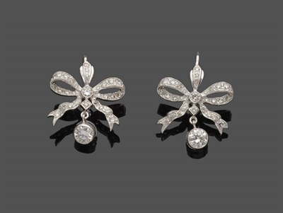 Lot 637 - A Pair of Diamond Set Bow Earrings, the diamond set stylised bow suspends a round brilliant cut...