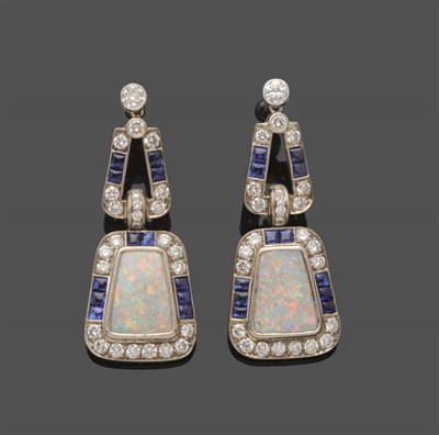 Lot 644 - A Pair of Opal, Sapphire and Diamond Drop Earrings, a diamond suspends a sapphire and diamond...