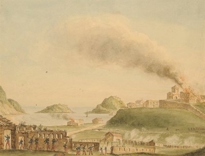 Lot 664 - English School (early 19th century) Fortified Coastal Town with Soldiers amongst Ruins Pencil, pen