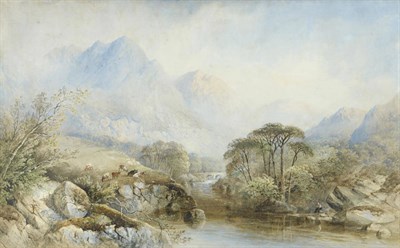 Lot 672 - Cornelius Pearson (1809-1891) Mountainous River Landscape, an angler in the foreground Signed...