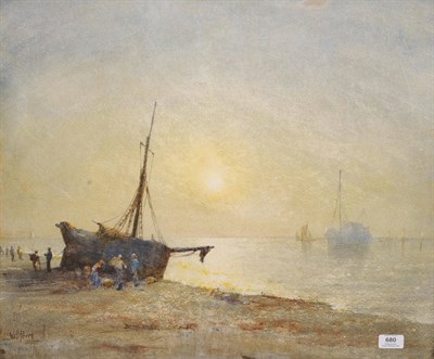 Lot 680 - William Perry (19th century) Beach Scene at Low Tide with Figures unloading Fishing Boats...