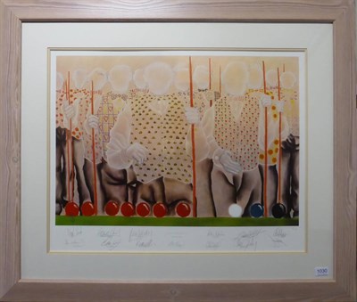 Lot 1030 - After Mackenzie Thorpe (b.1956) 'Maximum Break' Signed in pencil and signed by twelve snooker...