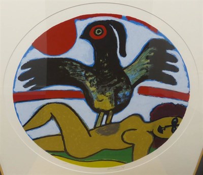 Lot 1041 - Guillaume Cornielle (1922-2010) Belgian  Roundel with figure and bird Signed in pencil and...