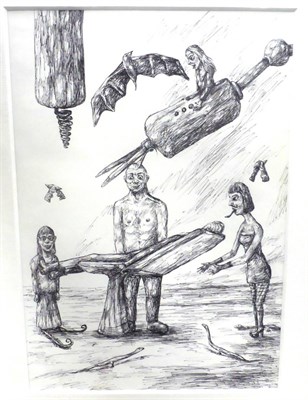 Lot 1069 - Frank Paul (b.1984) Figures, bats and lizards Biro, 29cm by 20cm (unframed)