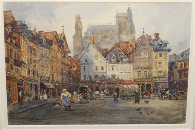 Lot 687 - Frank Moss Bennett (1874-1952) "Market Square, Chartres" Signed and dated 1903, inscribed verso...