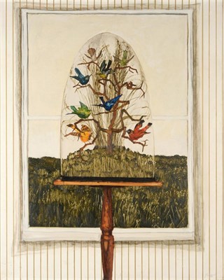 Lot 1075 - * John Ridgewell (1937-2004) Still life of taxidermy birds in a glass dome before an open...