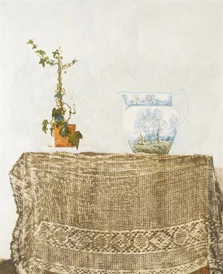 Lot 1077 - * John Ridgewell (1937-2004) Still life of a ceramic jug and pot of ivy on a table Signed and dated