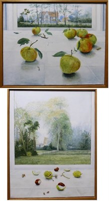 Lot 1078 - * John Ridgewell (1937-2004)  Still life of apples on a table top with a view through a window...