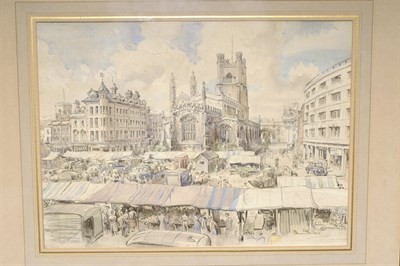 Lot 688 - Dennis Flanders ARWS, RWS, RBA (1915-1994) "The Market Place, Cambridge" Signed, extensively...