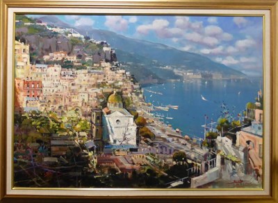 Lot 1089 - Mario Sanzone (b.1946) Italian 'Positano' Signed and inscribed, bears artist's label and stamp...