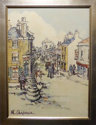 Lot 1100 - Margaret Chapman (1940-2000) Figures on Market Street, Darwen Signed, oil on board, 60cm by 44cm