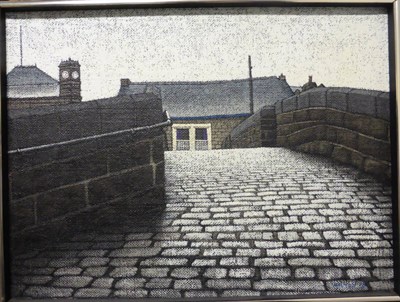 Lot 1102 - Stuart Walton (b.1933) Cobbled street with bridge Signed and dated (19)73, oil on board, 37.5cm...