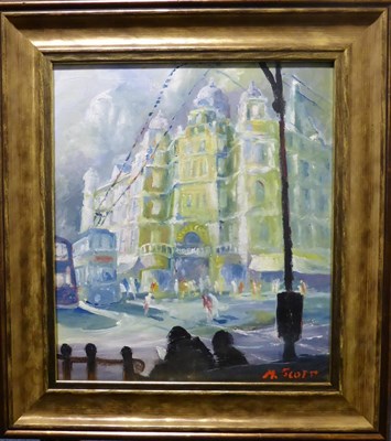 Lot 1104 - Malcolm Scott (Contemporary) 'Lower Briggate Leeds' Signed, inscribed verso, oil on board, 28cm...