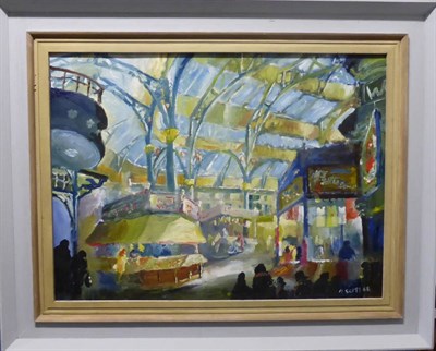 Lot 1105 - Malcolm Scott (Contemporary) 'Leeds Kirkgate Market' Signed and dated (19)68, oil on board, 44cm by