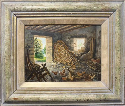 Lot 1110 - Stephen Darbishire RBA (b.1940) 'The Old Woodshed' Signed, oil on board, 15cm by 19.5cm...