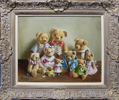 Lot 1130 - Deborah Jones (1921-2012) Teddy bears picnic Signed and dated 1998, oil on canvas, 39.5cm by 50cm