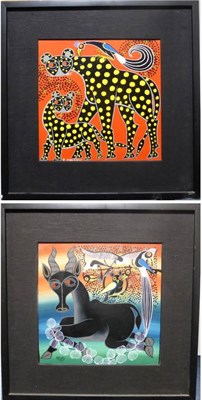 Lot 1138 - * A Hassani (Contemporary) Tanzanian A cheetah and cub with a toucan in a landscape Signed, oil...