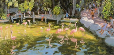 Lot 1139 - Andrew Macara (b.1944) 'Palmyre Zoo, France' Signed, inscribed verso, oil on canvas, 24cm by 49.5cm