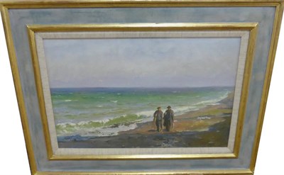 Lot 1141 - * Piotr Sulimenko (1914-2000) Russian 'Artists Strolling' along a beach Signed, oil on board,...