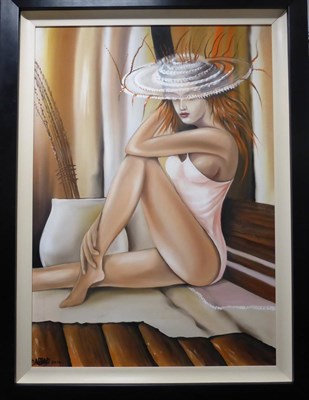 Lot 1155 - John Damari (Contemporary) Scottish 'Alison: Lady in the White Hat' Signed and dated 2014, oil...