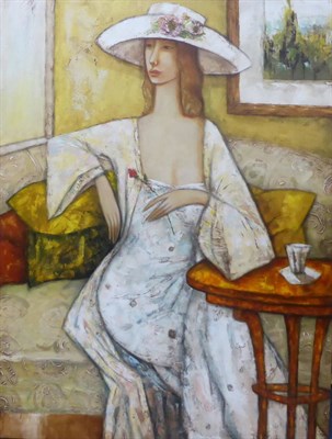 Lot 1156 - * Ludmila Curilova (20th/21st century) Moldovian Lady with the white hat Acrylic on canvas,...