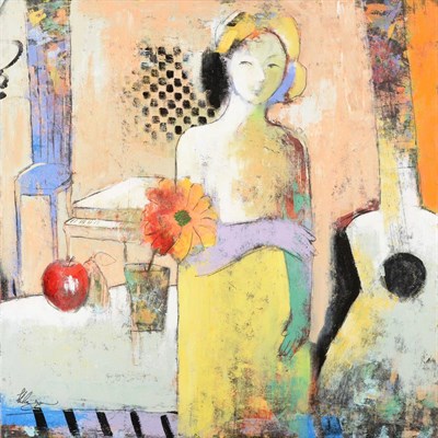 Lot 1158 - * Helen Zarin (b.1970) Iranian 'Muse with Fruit' Signed, oil on canvas, 101cm by 101cm...