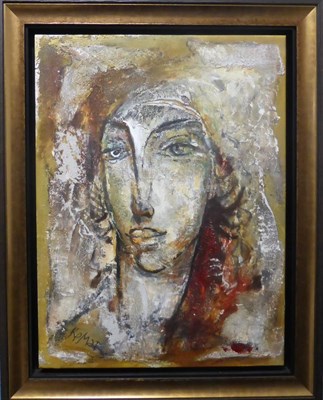 Lot 1161 - Kolio Marko (b.1965) Bulgarian Female head study Signed, mixed media on canvas, 61cm by 45.5cm...