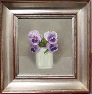 Lot 1164 - Audrey Johnson (1918-2010) Pansies in a white vase Signed and dated (19)85, oil on board, 15cm...