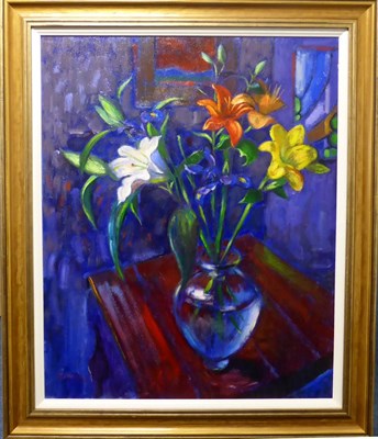 Lot 1169 - John Mackie (b.1955) 'White, Yellow and Orange Lilies' Signed and dated 2015, oil on canvas, 74.5cm