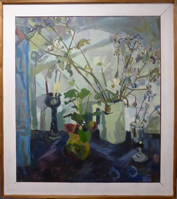 Lot 1171 - Brenda Sorrell (20th/21st century) Still life of flowers and paint brushes on a window sill...