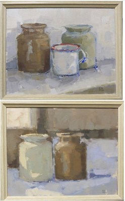 Lot 1173 - Sarah Spackman (Contemporary) 'Blue pots' Initialled and dated 1986, oil on board, together...