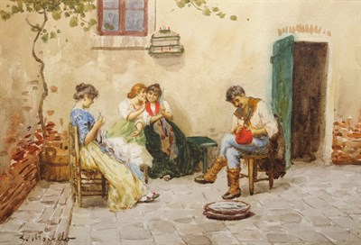 Lot 698 - L....Morello (19th/20th century) Italian Sunlit Courtyard with Figures Signed, pencil and...